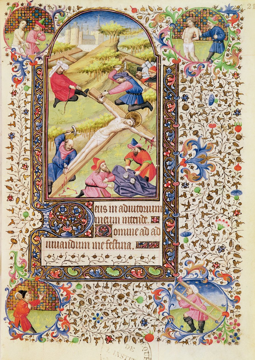 Ms 547 fol.21 Kristus přibitý na kříž, z Knihy hodin, kterou používala žena z Poitiers od French School
