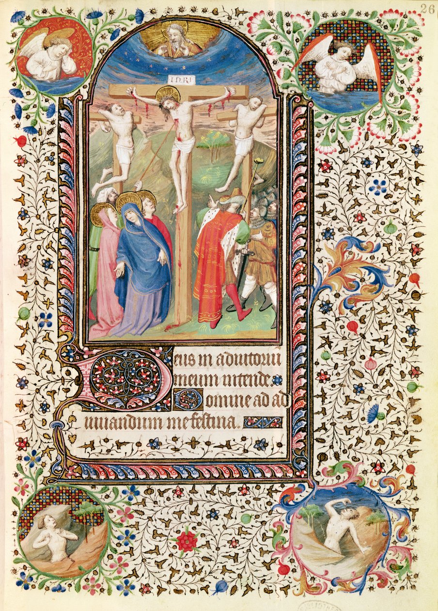 Ms 547 fol. 26 Ukřižování, z Knihy hodin, kterou používala žena z Poitiers od French School
