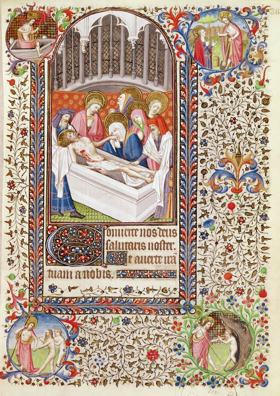 Ms 547 fol. 36 Pohřeb Krista, z Knihy hodin, kterou používala žena z Poitiers od French School