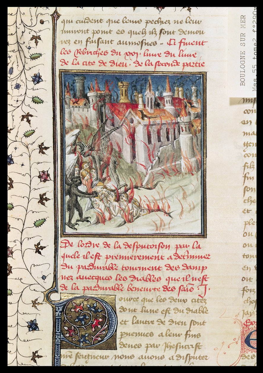 Ms 55 t.2 fol.290v Peklo, z knihy De Civitate Dei od svatého Augustina z Hippo (354-430) v překladu Raoula de Presles, asi 1400-50 od French School