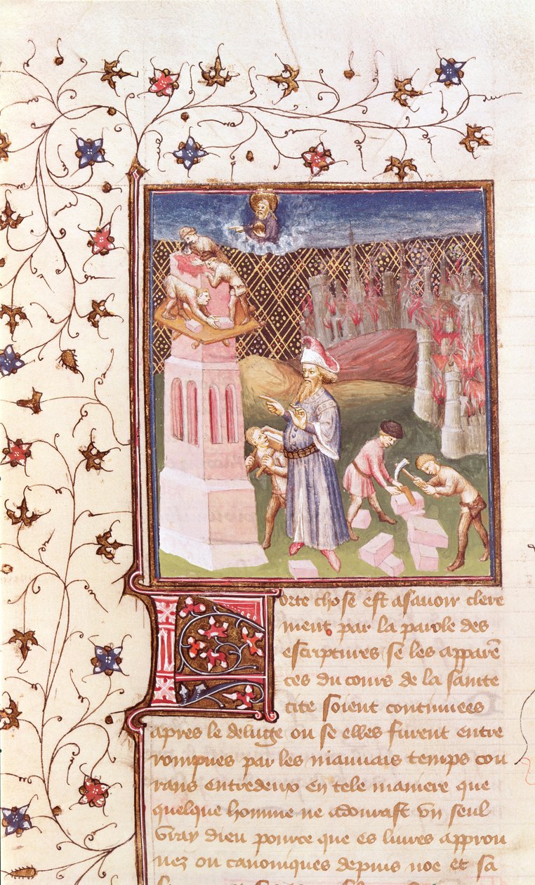 Ms 55 t f.111v Nimrod Dohlíží na stavbu Babylonské věže, z La Cite de Dieu od sv. Augustina, přeložil Raoul de Presles (1316-82) c.1400-50 od French School