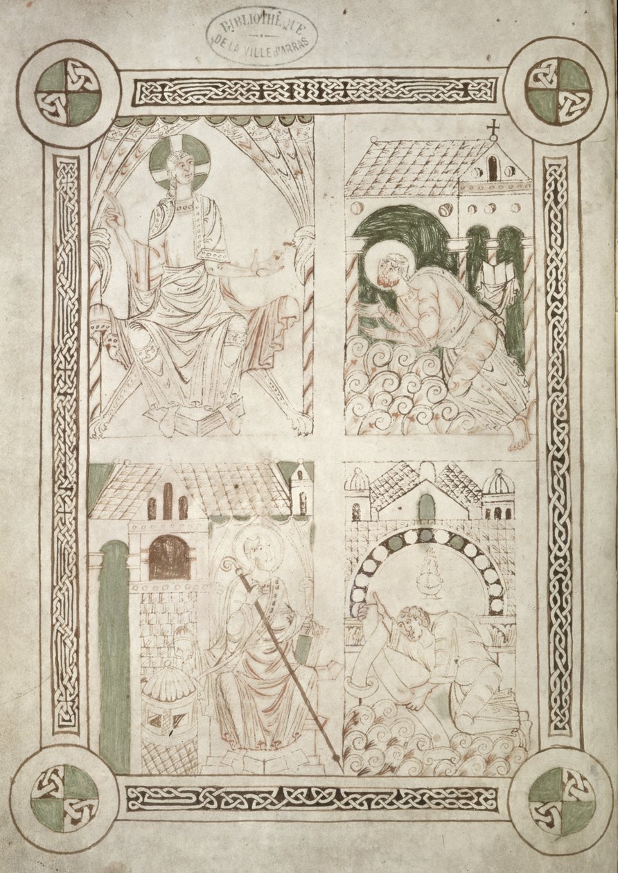 Ms 616 f.1v Svatý Augustin u Kristových nohou a písař Alardus nabízí svou knihu svatému Vaastovi, frontispice ke Vyznáním od sv. Augustina od French School