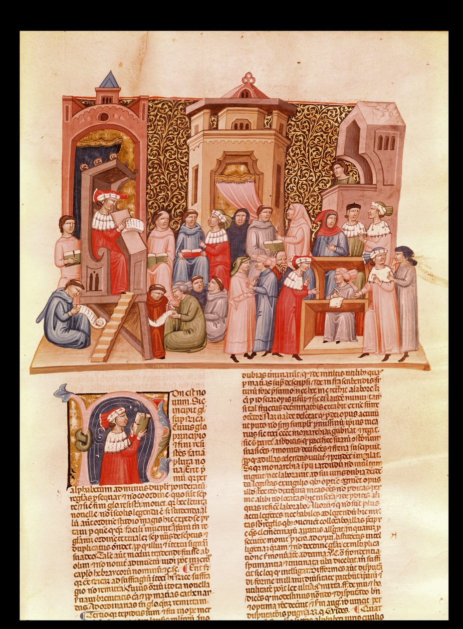 Ms 620 fol.173 Lekce na univerzitě a historická iniciála N zobrazující mistra, z Novela Super Sexto od Jean Andre od French School
