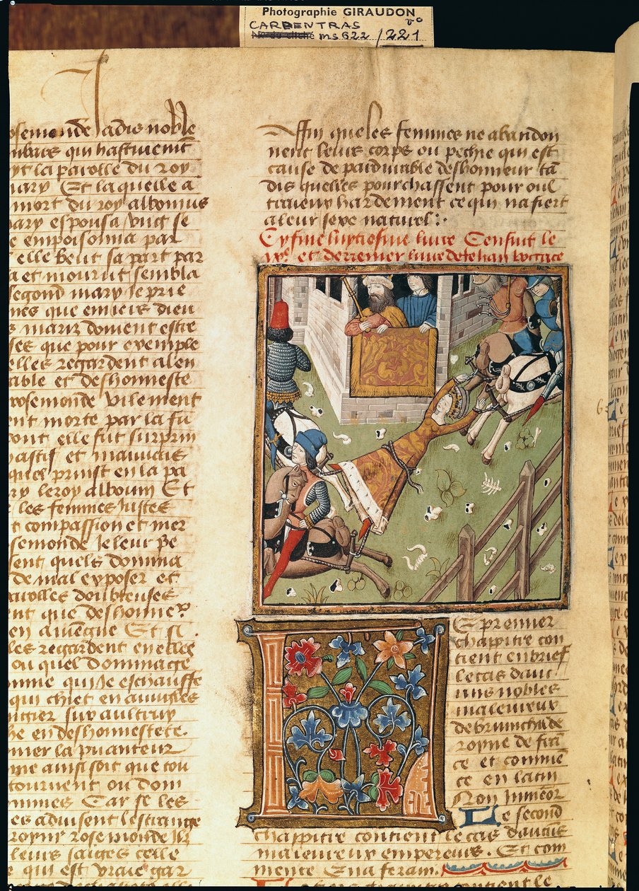 Ms 622 fol.221v Mučení Brunhildy z Des Hommes Illustres, kolem roku 1460 od French School