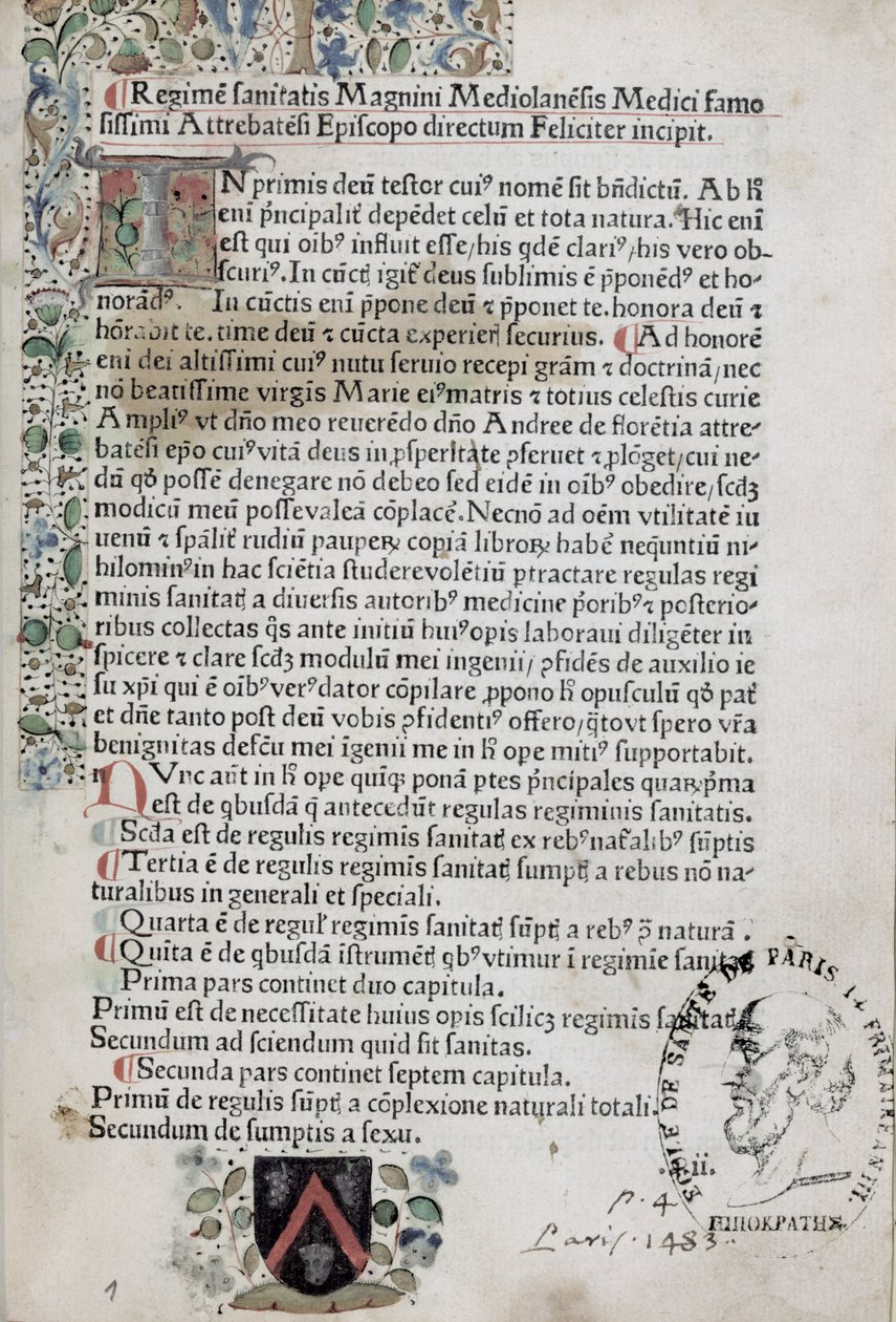 Ms 6310 První strana z Regimen Sanitatis, 1483 od French School