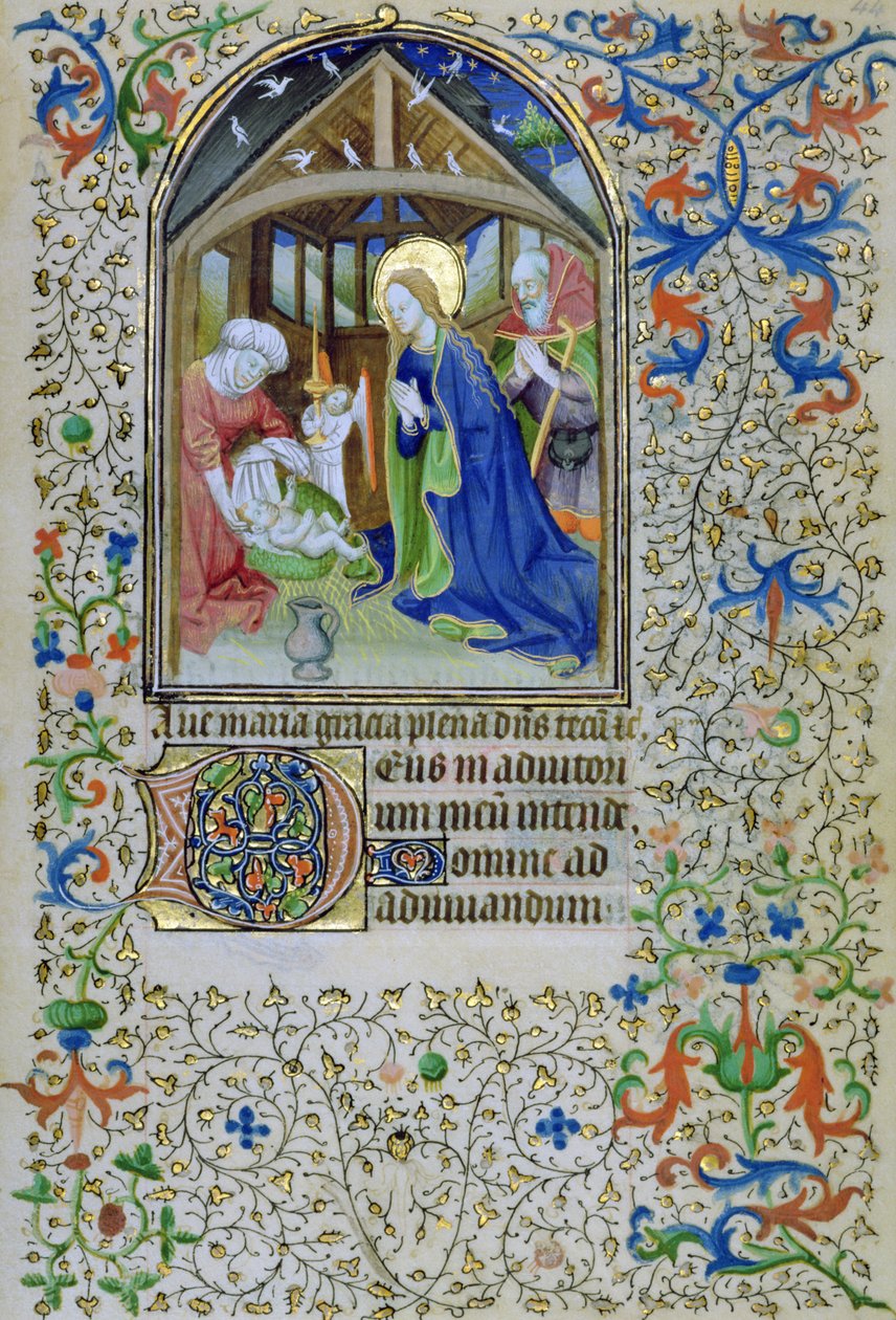 Ms 66 f.44r Panna Marie a Josef se klaní novorozenému Kristu, z knihy hodin, Amiens od French School