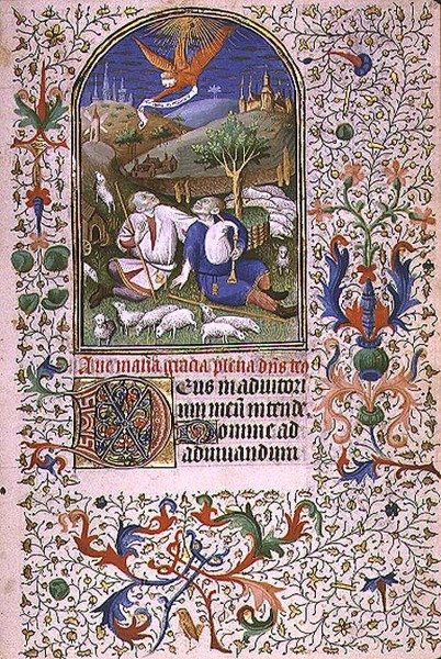 Ms 66 f.48r Angel se zjevuje dvěma pastýřům, Amiens (vellum) od French School
