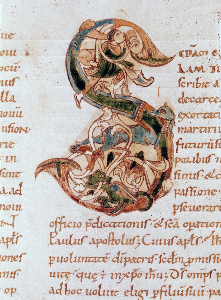 Ms 67 fol.195 Historizovaná iniciála "S", z Komentáře k listům sv. Pavla. od French School