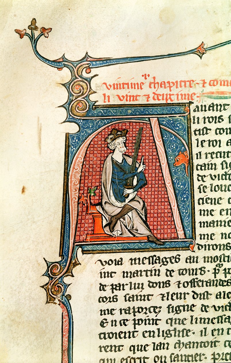 Ms 682 fol.17v Historizovaná iniciála A zobrazující sedícího krále držícího dvojsečný meč od French School