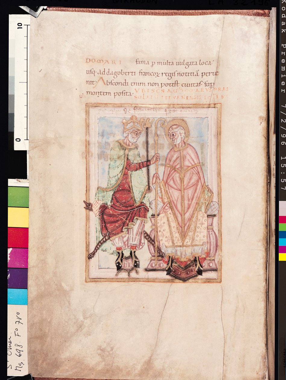 Paní 698 f.7v Dagobert I (609-39), král Franků investující svatého Audomara Omera (d.c.669) biskupa z Therouanne, jako misijního biskupa v Pas-de-Calais v roce 637, ze života sv. Omera od French School