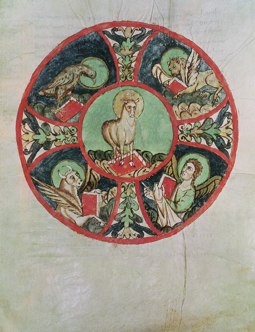 Ms. 69 fol.138v Beránek Boží obklopený symboly evangelistů od French School