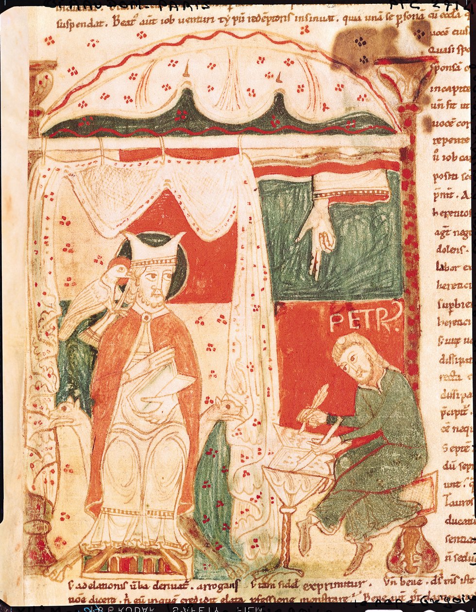 Ms 70 f.57 Papež Řehoř I. Veliký (asi 540-604) diktuje Knihu Jobovu svému písaři Petrovi, z Morálií o Jobovi od papeže Řehoře Velikého. od French School