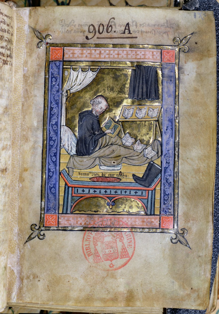 Paní 753 Fol.9 Monk píše ve své posteli, od Flores Bernardi od Guillaume de Tournai od French School
