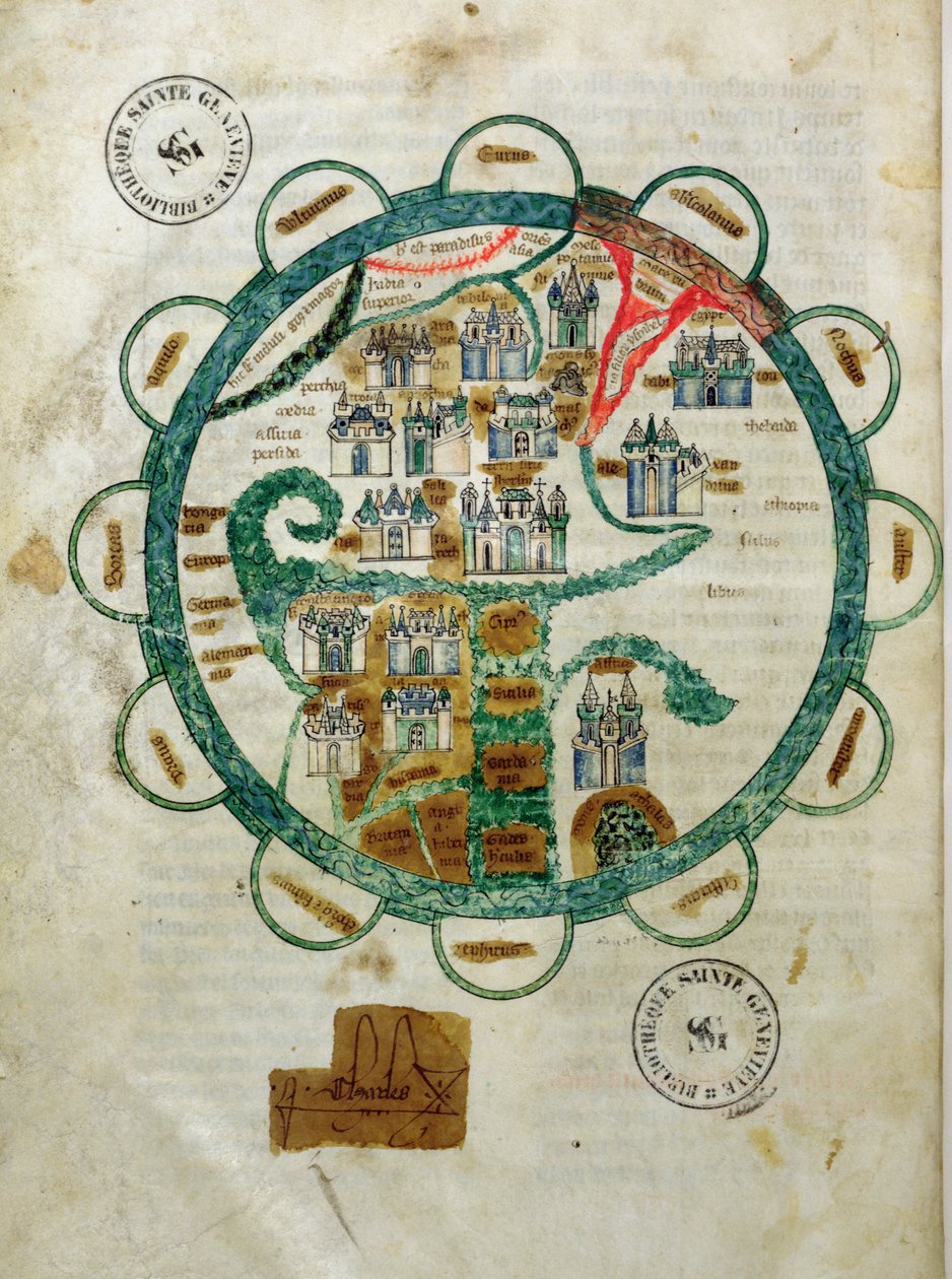 Ms 782 fol.16v. Mapa světa v podobě zeměkoule, miniatura z Grandes Chroniques de Philippe le Hardi od French School