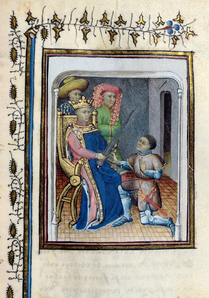 Paní 814 Charles V (1338-80) vrací Meč vrchního konstábla Bertrandovi du Guesclin (asi 1320-80) z Histoire de Du Guesclin po básni Cuveliera, počátek 15. století od French School