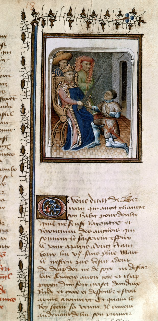 Ms 814 f.125r Bertrand du Guesclin (1320-80) povýšen králem do rytířského stavu, z Histoire de Du Guesclin od French School