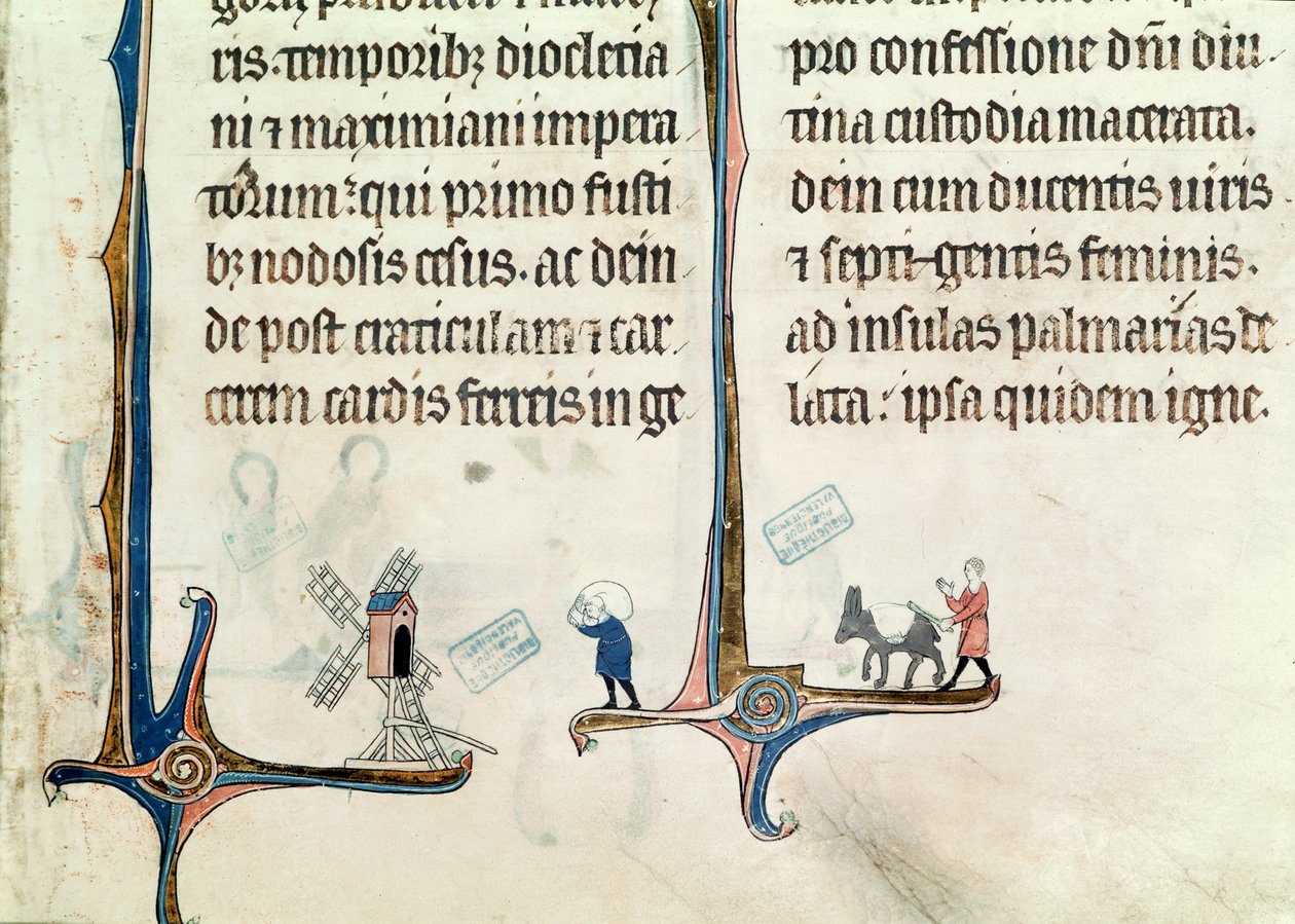 Ms 838 fol.55 Muž jedoucí na svém oslu nesoucí pytle pšenice do větrného mlýna, z Obituaire de Notre Dame de Pres, po roce 1270 od French School