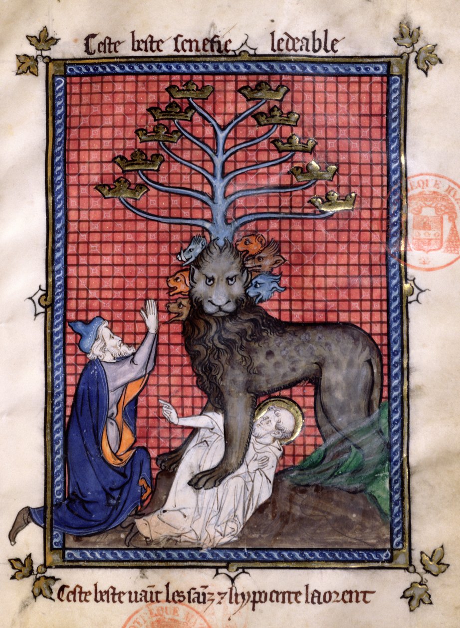 Ms 870 Fol.8 Sedmihlavá bestie z Apokalypsy uctívaná pokrytcem a drtící svatého, z La Somme le Roy od Frere Laurenta, osvětlena Maitre Honore od French School