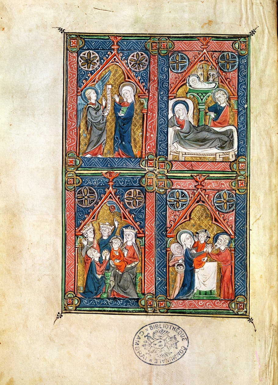 Ms 87 fol. 16 Zvěstování, Narození Páně, Klanění tří králů a Očištění, z hodin Mahaut dArtois od French School
