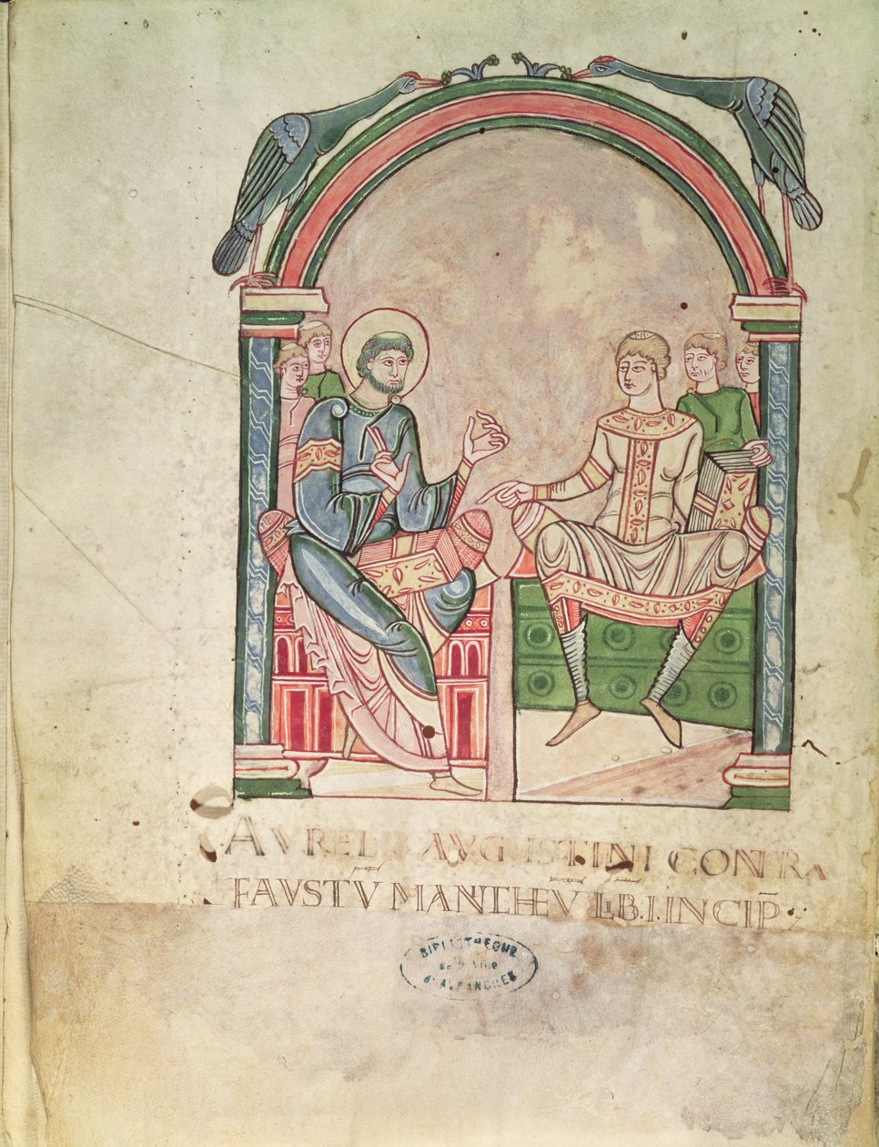 Paní 90 St. Augustine Hádka s Faustem v přítomnosti svých žáků, frontispice od Saint Augustin Contre Faustus od French School