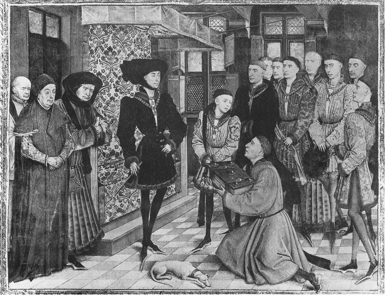 Ms 9242 Hainautské kroniky, Filip Dobrý, vévoda burgundský, obdarovaný překladem kronik od Jeana Vauquelina, Karel Smělý jako dítě po jeho levici. od French School