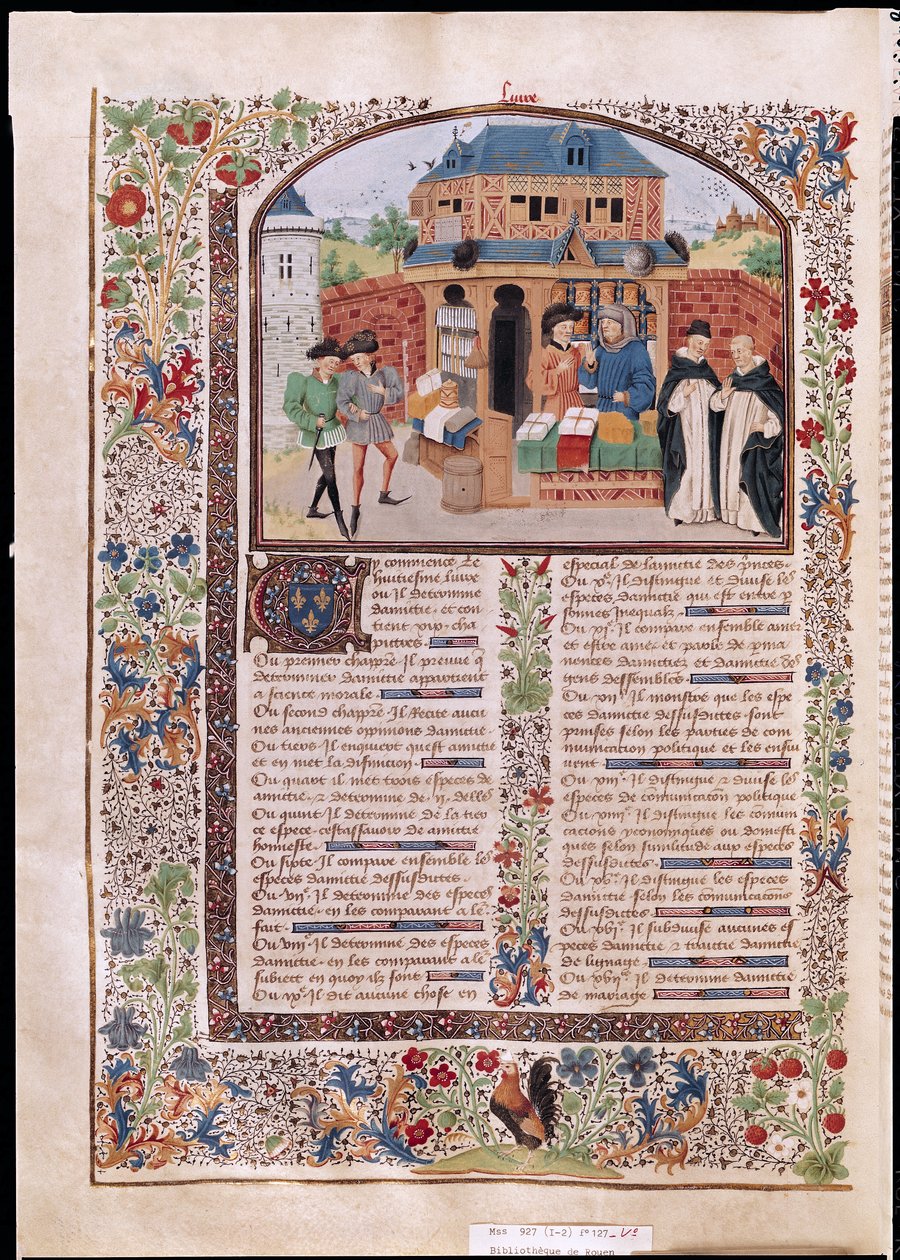 Ms 927 Fol.127v Tři druhy přátelství, z etiky, politiky a ekonomie od Aristotela (384-322 př.nl) od French School
