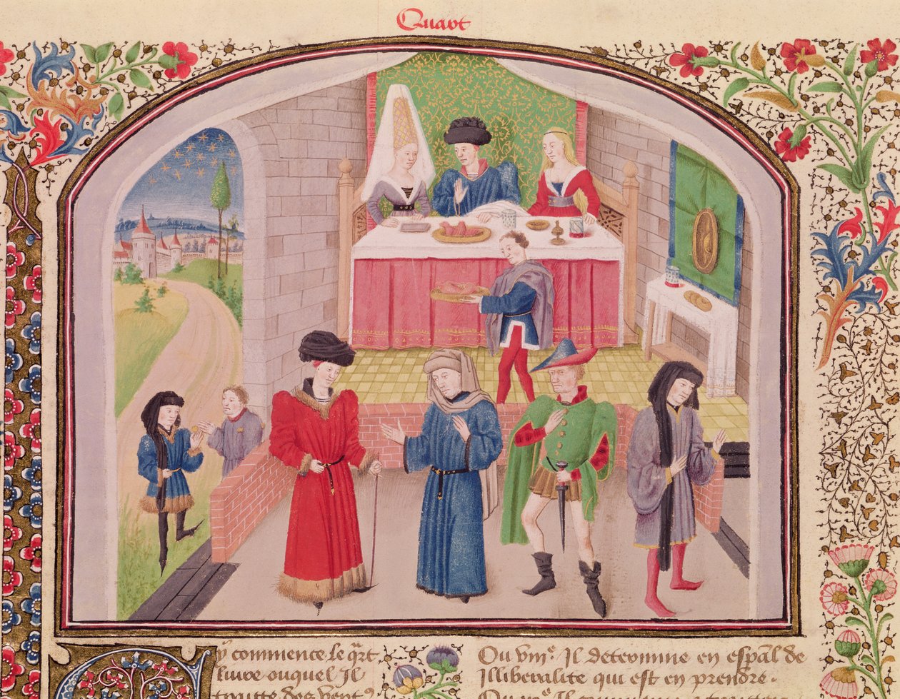 Ms 927 Fol.52v Marnotratnost, liberálnost a chamtivost, z Etiky, politiky a ekonomie od Aristotela (384-322 př.nl) od French School