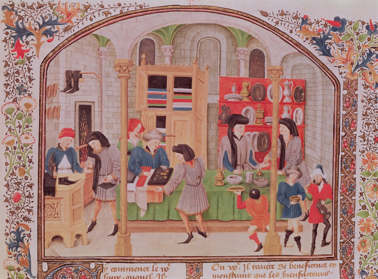 Ms 927 f.145r Mincovna, z Aristotelovy knihy Etika, politika, ekonomie, z francouzského překladu Nicholase Oreme od French School