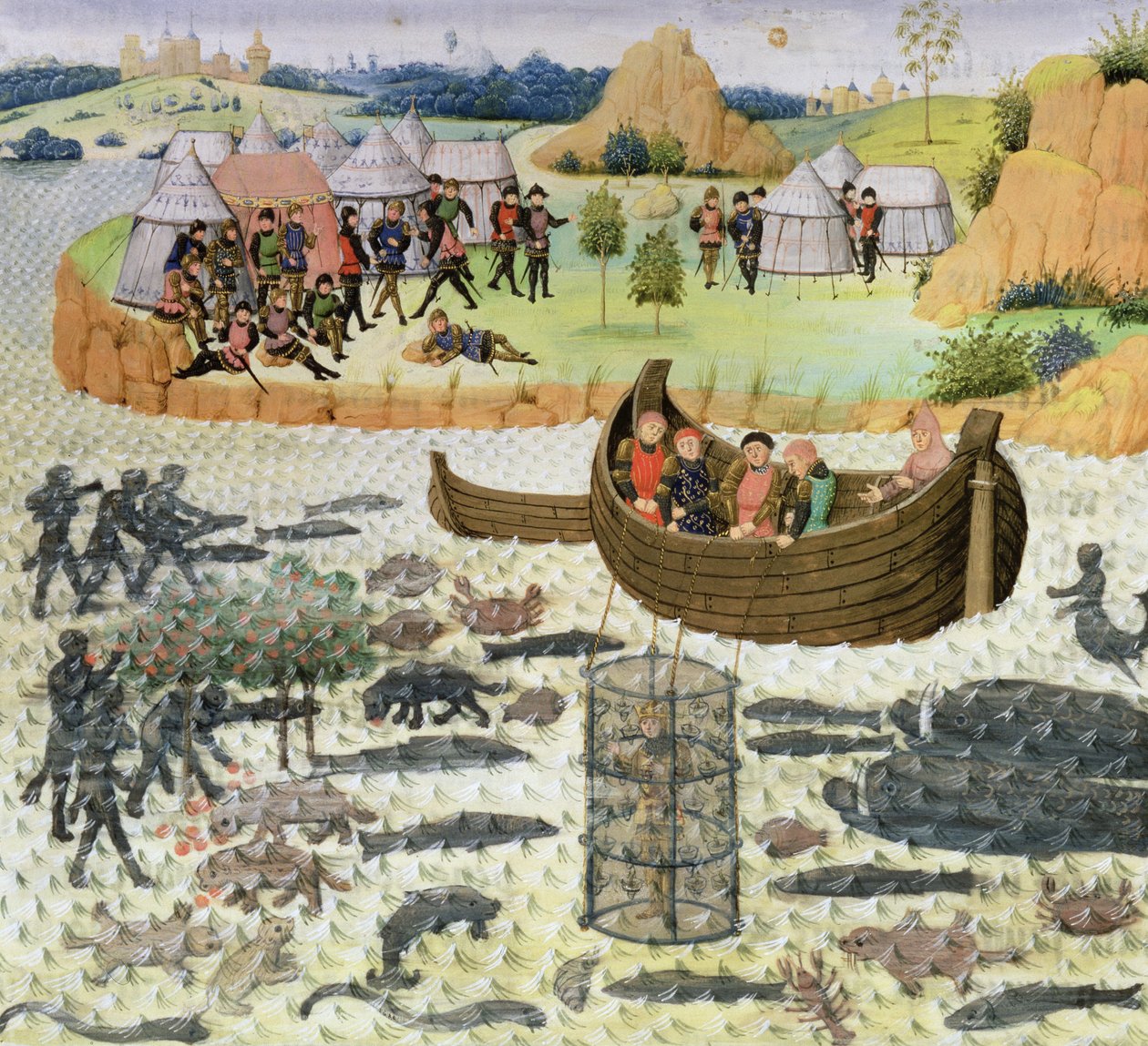 Ms 9342 Fol.182 Alexandr Veliký (356-323 př. n. l.) s potápěčským zvonem od French School