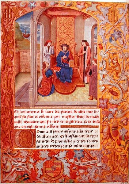 Ms 95 Fol.1 Autor nabízí svou knihu vévodovi z Burgundska, z Armorials of Adolphe de Cleves, počátek 15. století (vellum) od French School
