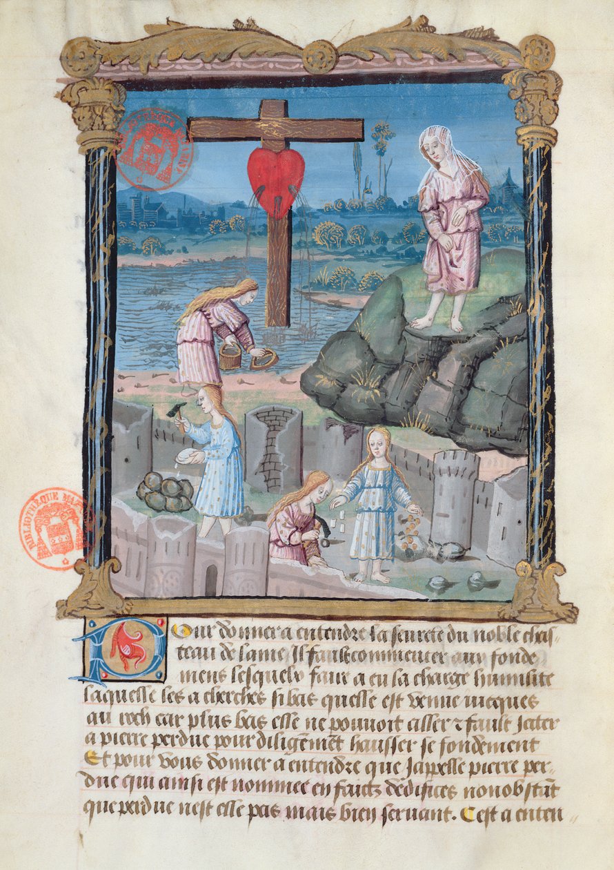 Ms 978 fol.31 Stavba hradu, ilustrace z duchovního pojednání pro laiky od Gabrielle de Bourbon od French School
