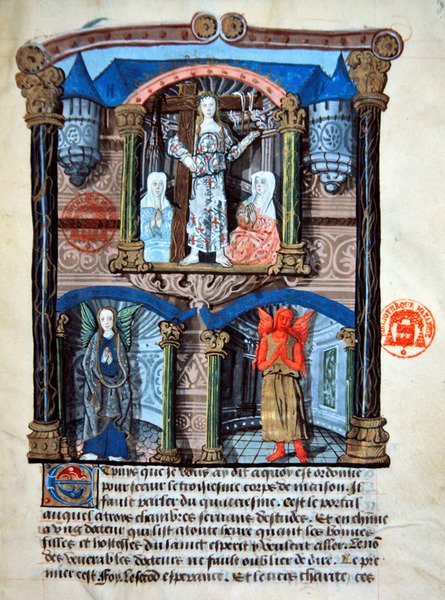 Ms 978 fol. 39 „Zámecká brána“, ilustrace z duchovního pojednání pro laiky od Gabrielle de Bourbon (vellum) od French School