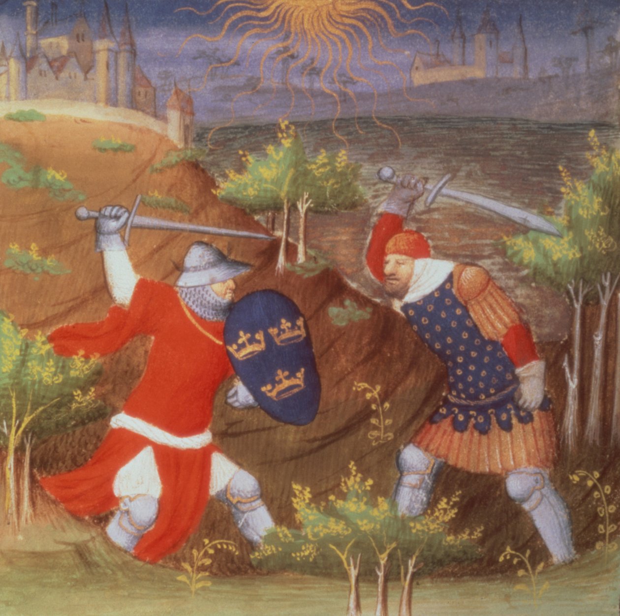Paní Arsenal 5077 f.298 Král Artuš bojuje s římským generálem, z rukopisu Historie od mistra Boucicauta od French School