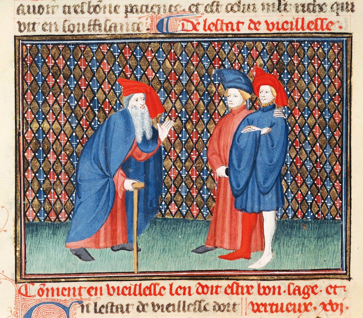 Paní Fr 1023 fol.57v Jak musí být staří dobří, moudří a ctnostní, z Knihy dobrých mravů od Jacquese le Granta (1360-1415) od French School