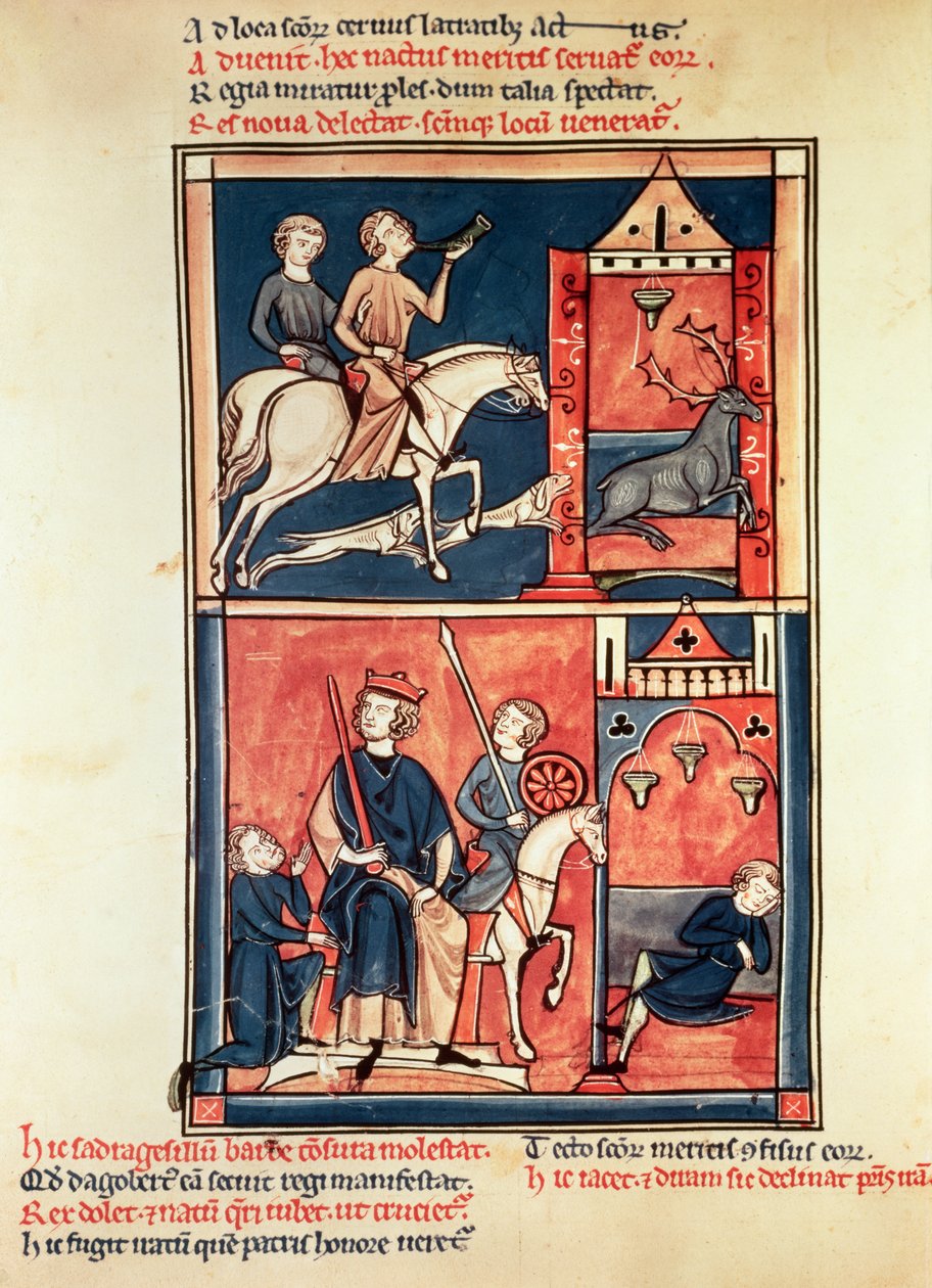 Paní Fr 1098 Lov na jelena a krále, možná Dagobert I. (632-39) na jeho trůnu, ze Života a zázraků sv. Denise od French School