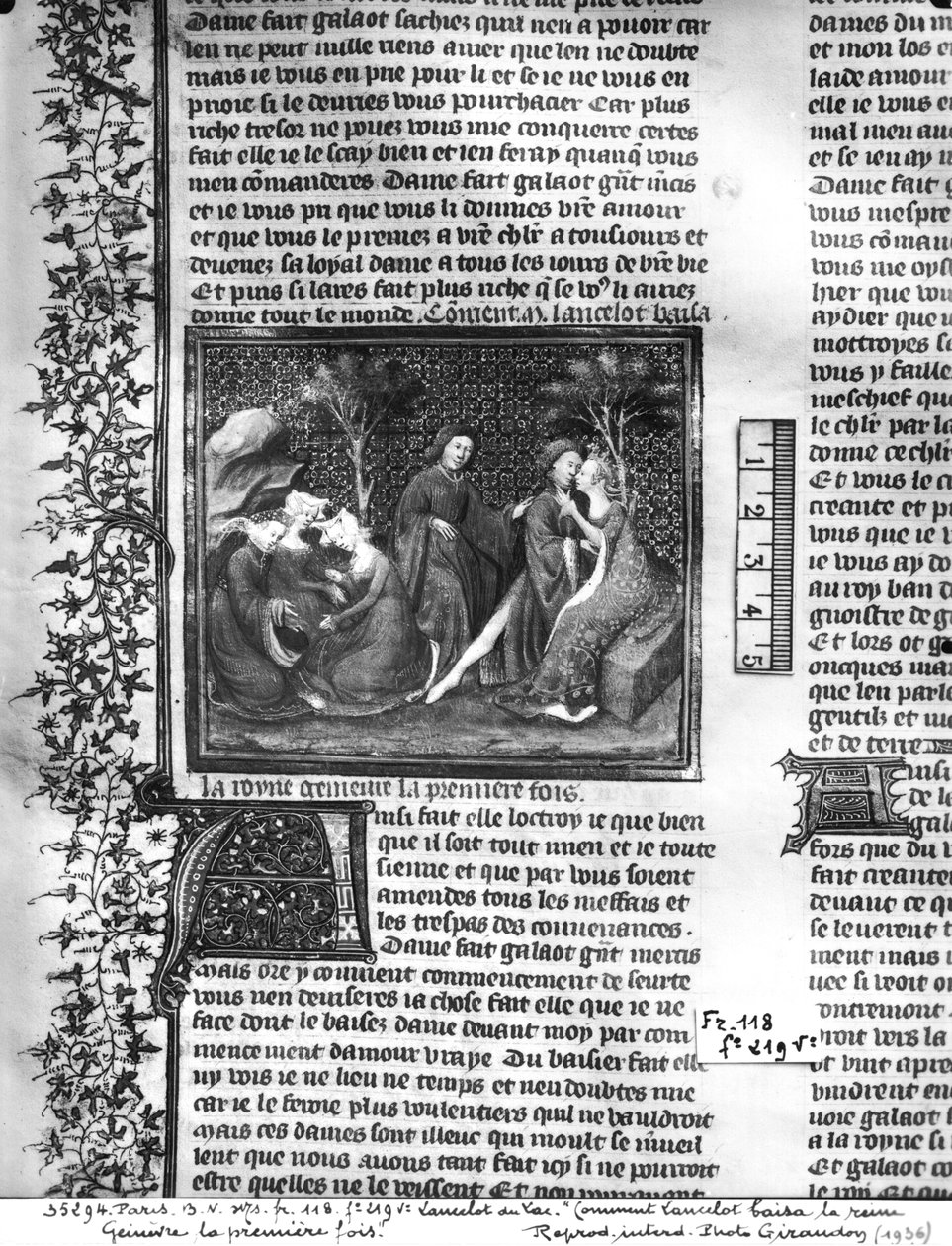 Paní Fr 118 fol.219v Jak Lancelot políbil Guineveru poprvé, z Livre de Messire Lancelot du Lac od French School