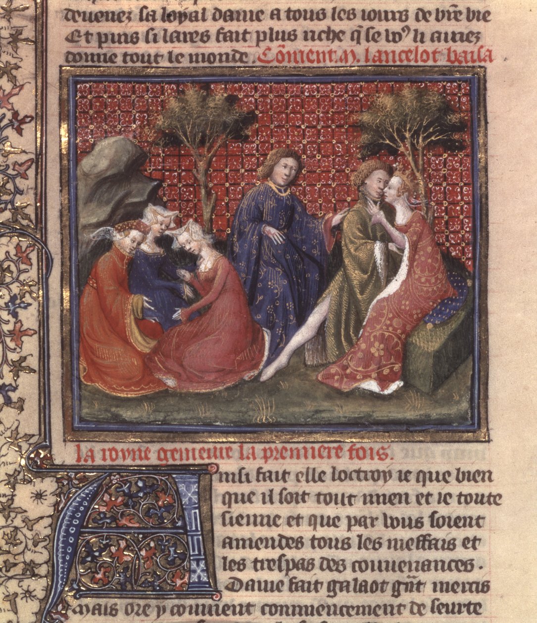 Paní Fr 118 fol. 219v stránka z Pátrání po Svatém grálu a Artušově smrti, část rukopisu Lancelot z jezera od French School