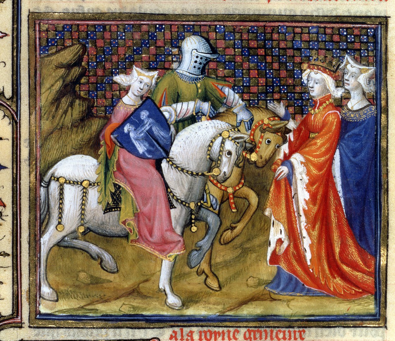 Paní Fr. 120 Dáma jezera Setkání s Guinevere, z Příběhu Lancelota v La Quite de Saint Graal od French School