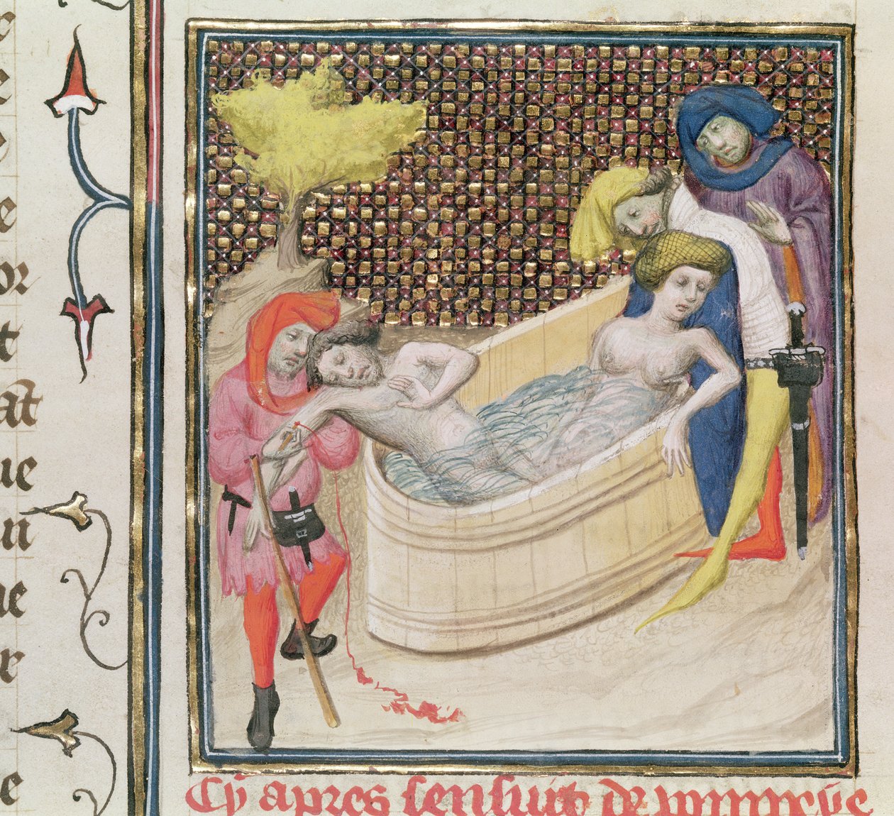 Ms Fr 12420 Paulina umírá se Senekou, z knihy De Claris Mulieribus od Giovanniho Boccaccia (1313-75) od French School