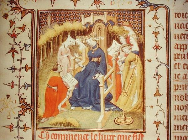 Paní Fr 12420 Autor představuje své dílo skupině žen z „De Claris Mulieribus“ od Giovanniho Boccaccia (1313-75) (vellum) od French School