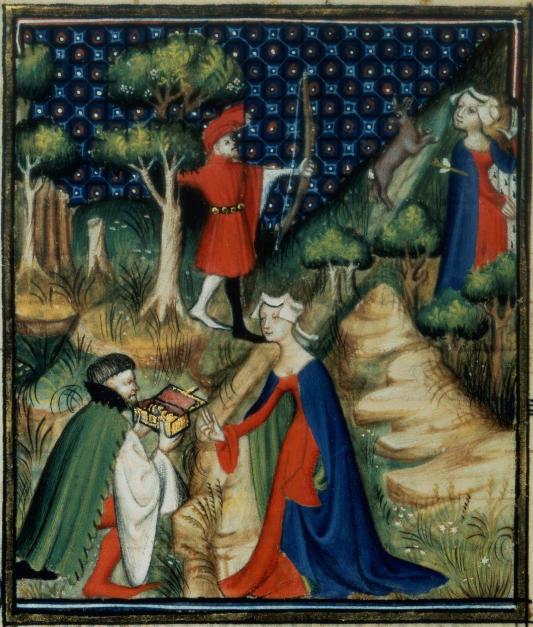 Paní Fr 12420 fol.139v. Příběh Procrise, z `De Claris Mulieribus, z díla Giovanniho Boccaccia (1313-75) od French School