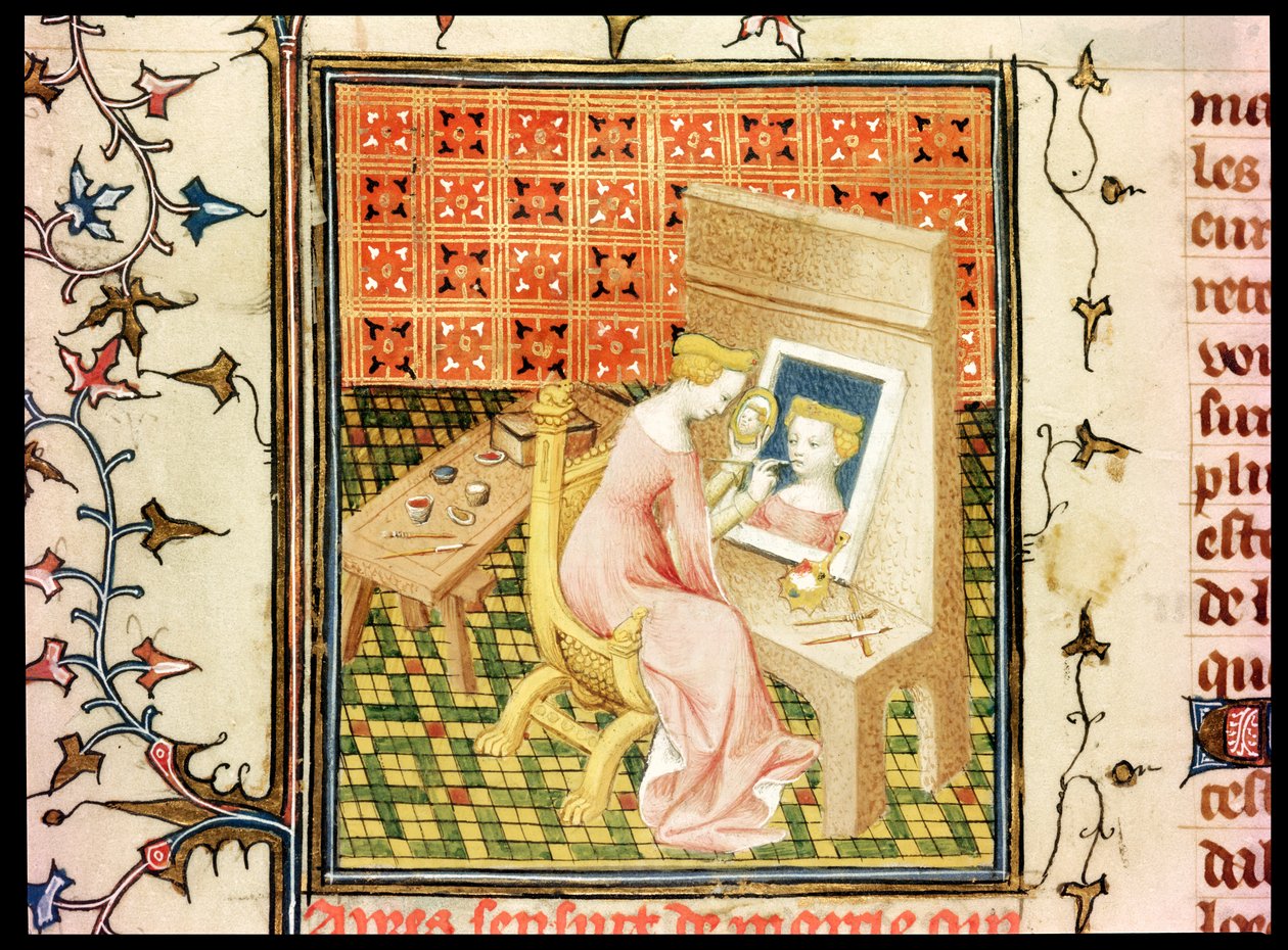 Paní Fr 124220 fol.101v St. Marcia († 632) Malba autoportrétu, od De Claris Mulieribus, z , od Giovanniho Boccaccia (1313-75) od French School