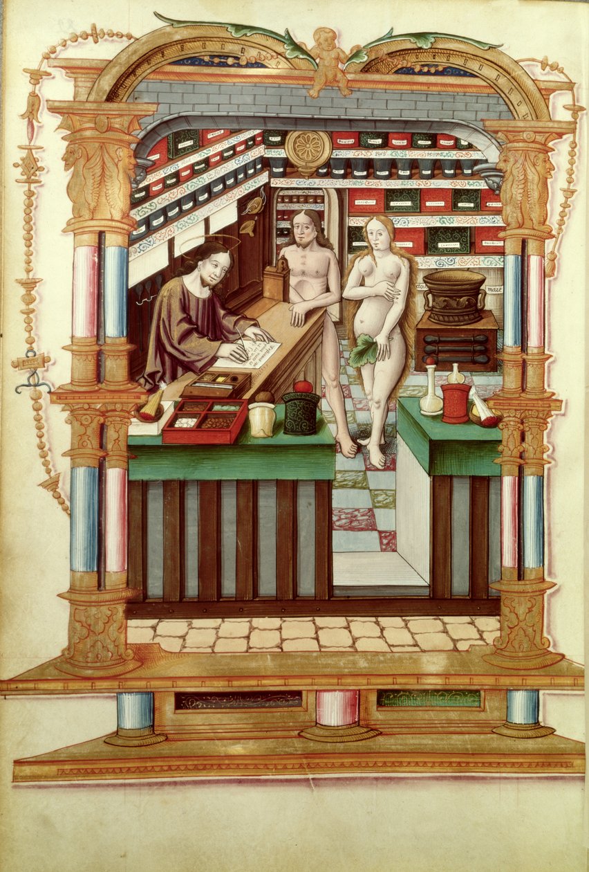 Paní Fr 1537 Christ the Pharmacist s Adamem a Evou, z Královských zpěvů o korunovaném početí z Puy de Rouen od French School
