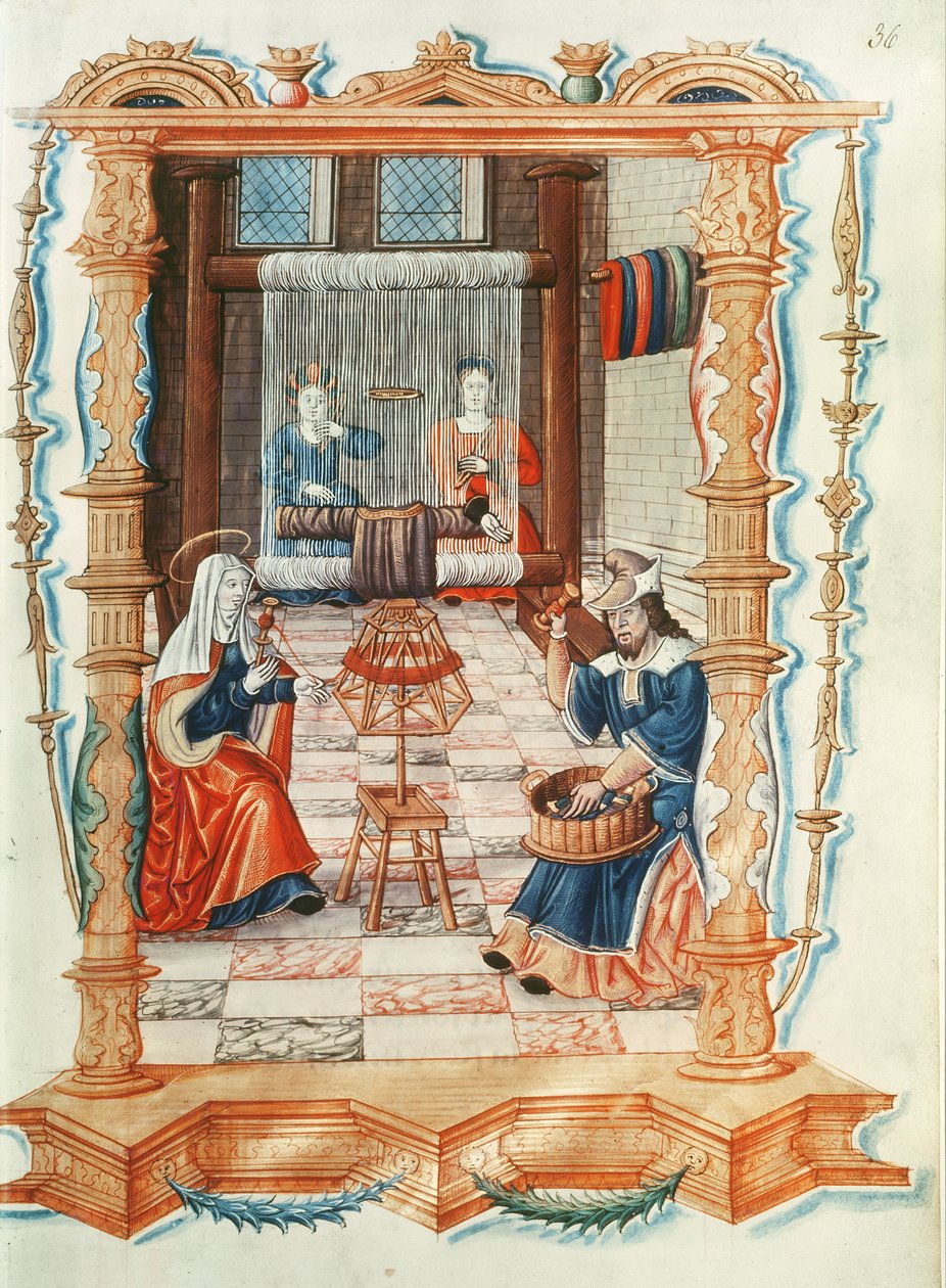 Paní Fr 1537 Fol. 36 Panna Maria tkající v dílně, z Chants royaux sur la Conception Couronnee du Puy de Rouen od French School