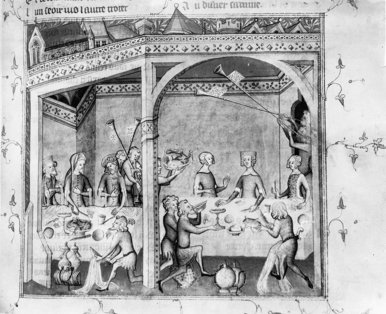Paní Fr 1584 Muzikanti baví na banketu, c.1370 (rukopis) od French School