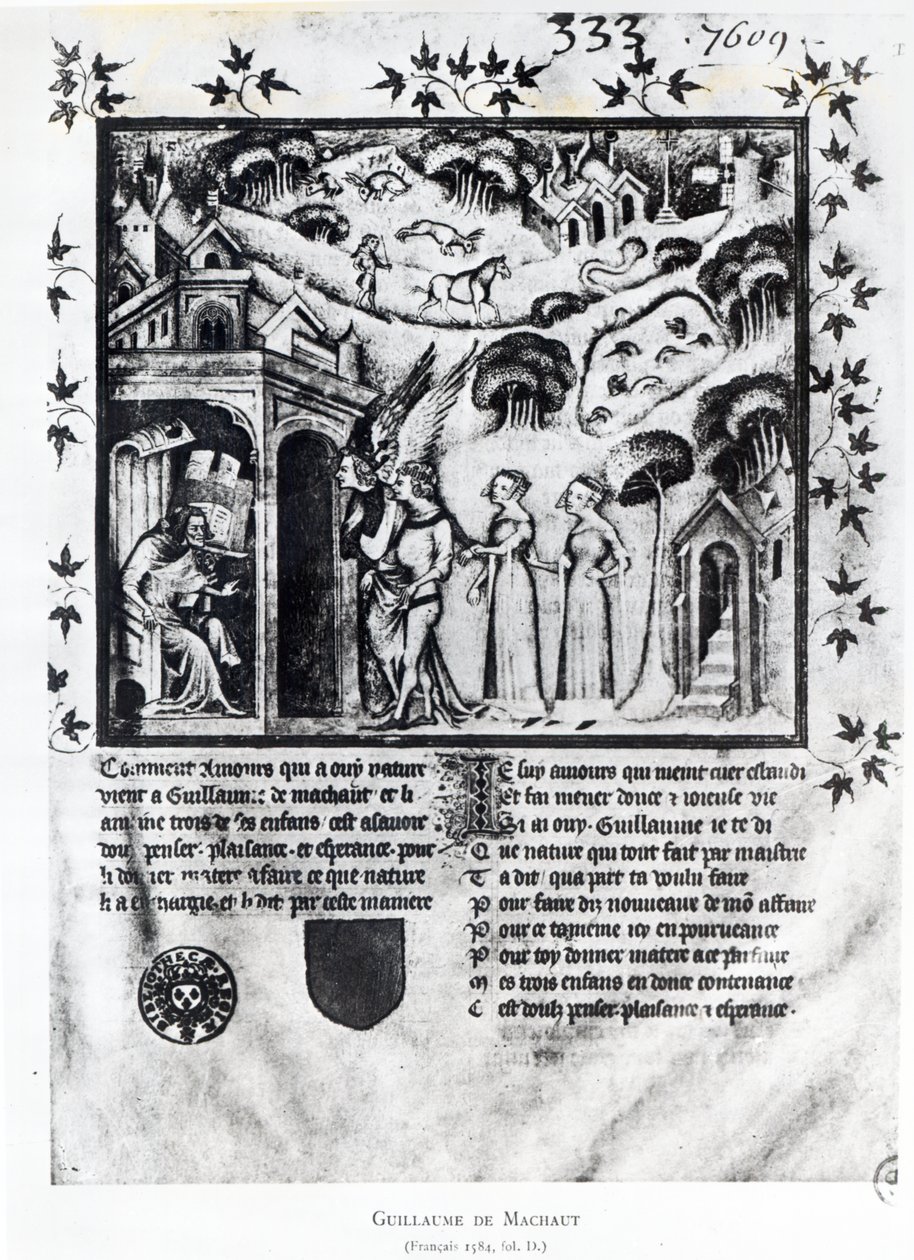 Paní Fr 1584 f.D Autor přijímá lásku, která mu přináší sladké myšlenky, potěšení a naději, kolem 1370 (rukopis) od French School