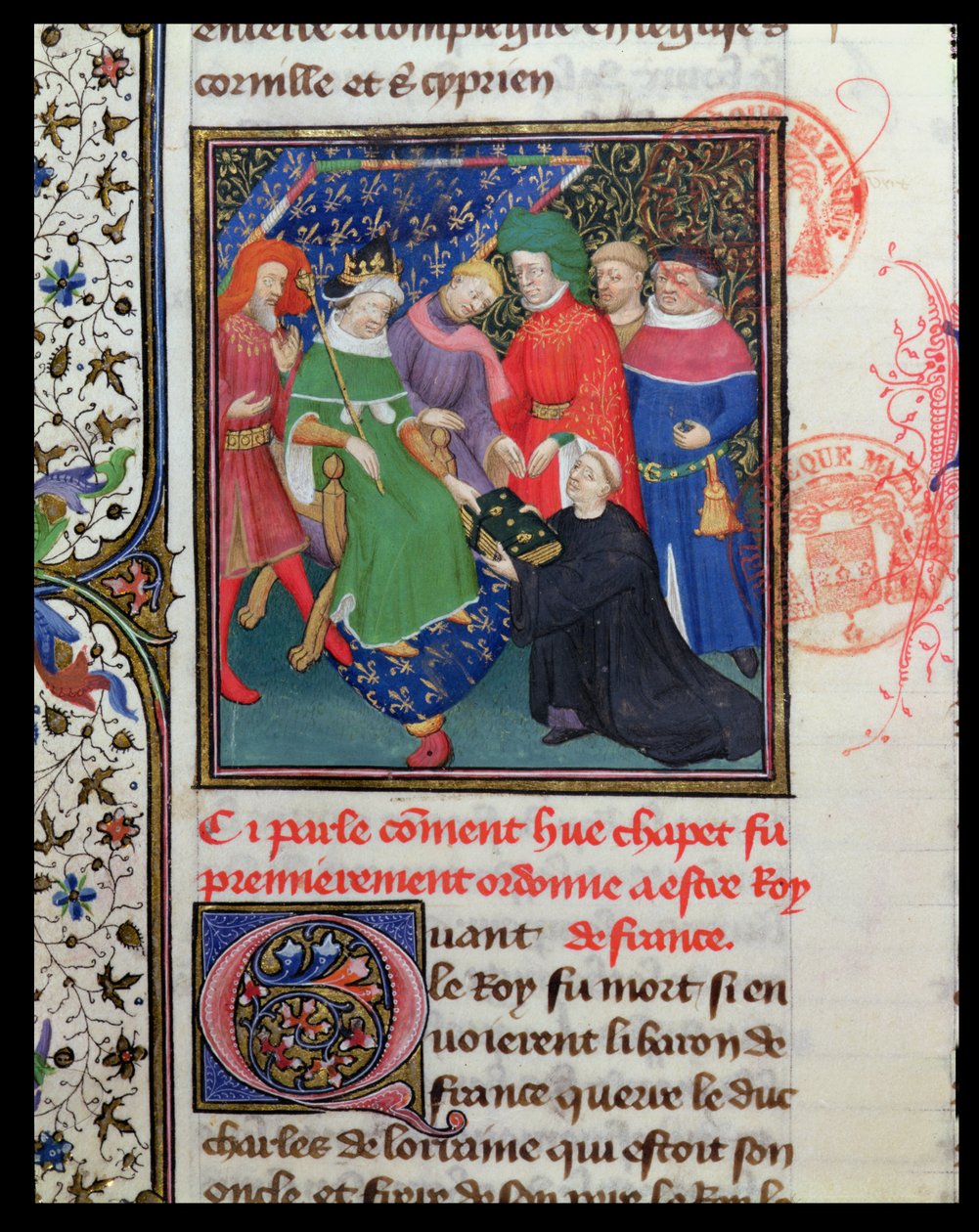Paní Fr 2029 fol.30v. Hugues I Capet (941-996), král s kloboukem od French School