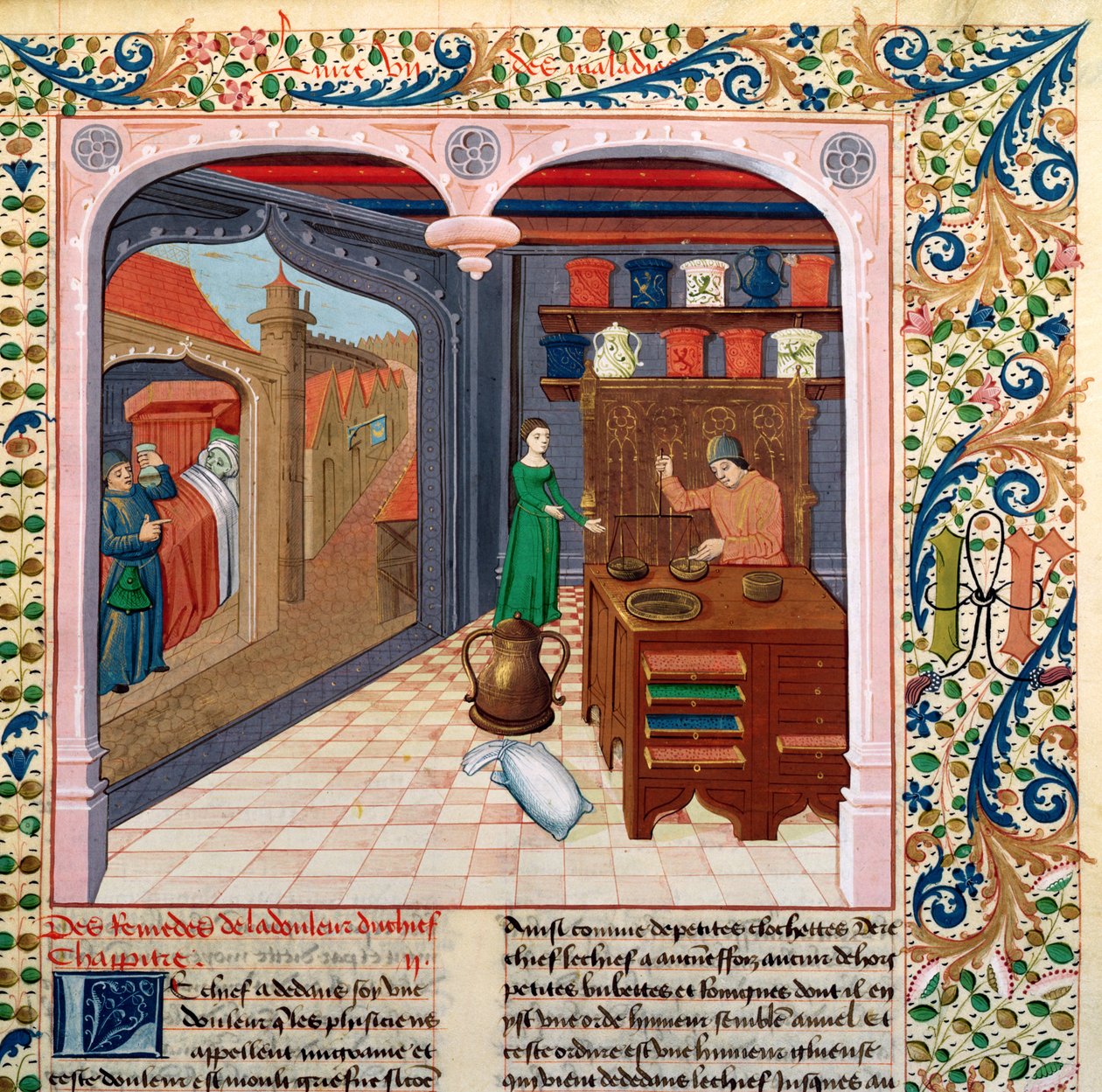 Paní Fr 218 fol.111 Pacient na lůžku a lékárník připravující léky, z Le Livre des Proprietes des Choses od Barthelemy lAnglaise od French School