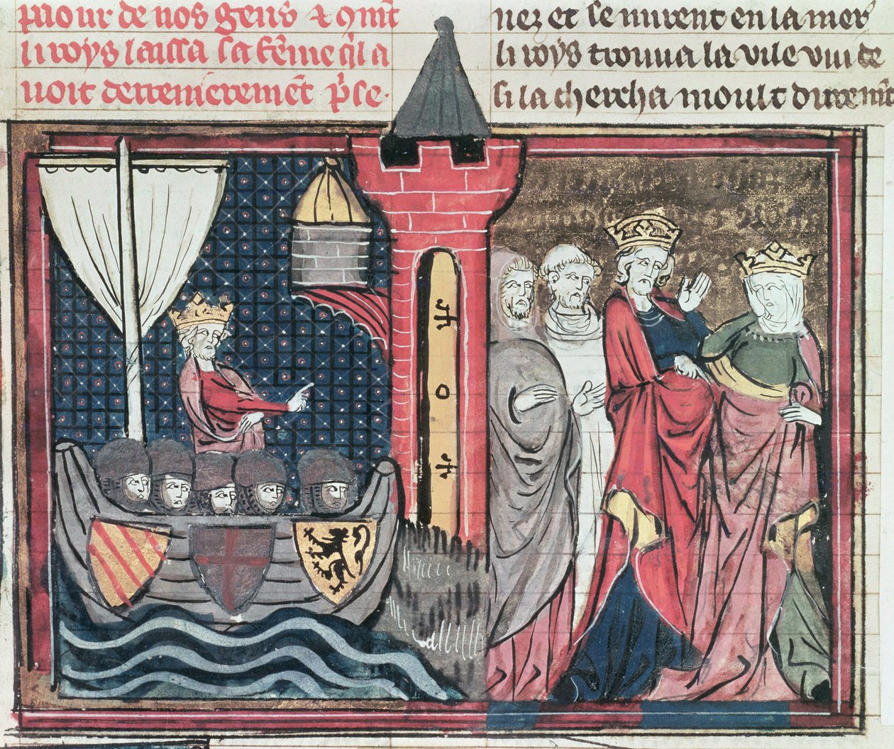 Paní Fr 22495 Fol.101 Baldwin I Překročení řeky Jordán a zřeknutí se manželky, z Le Roman de Godefroi de Bouillon, 1337 od French School