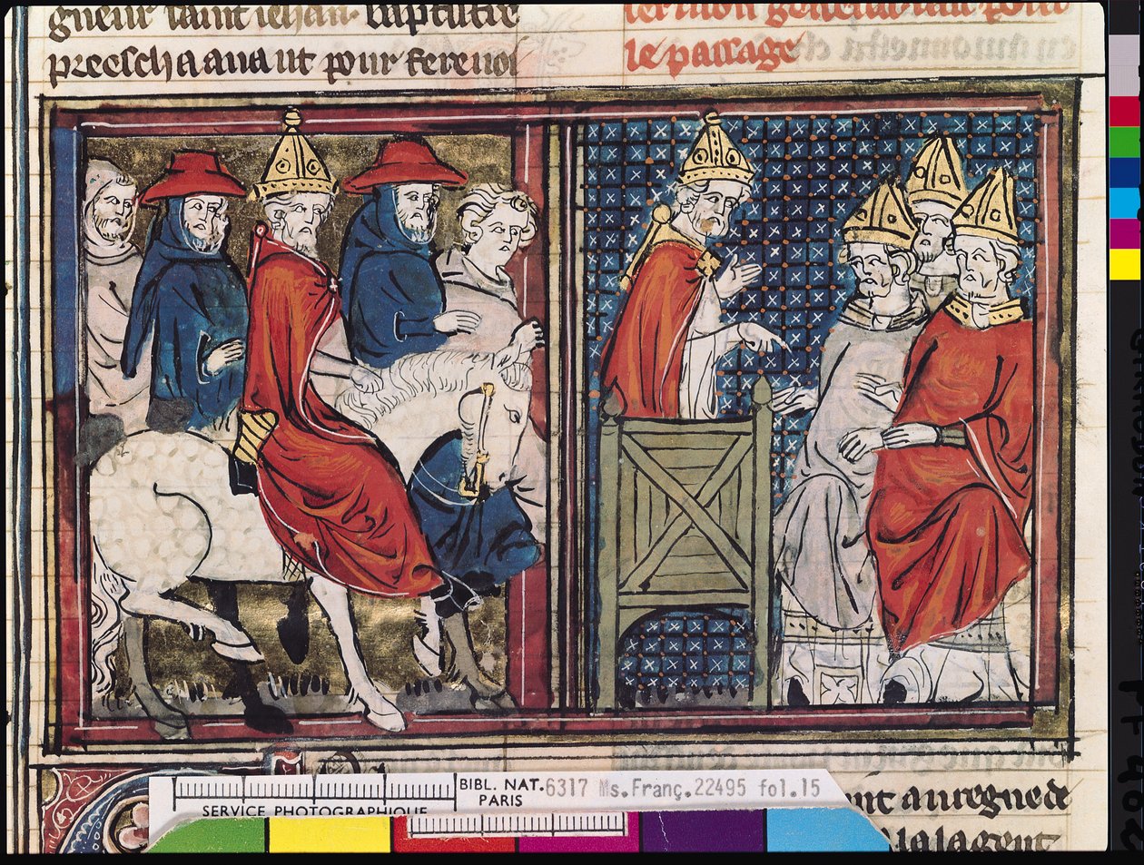 Ms Fr 22495 Fol.15 Clermontský koncil a příchod papeže Urbana II. (asi 1035-99) do Francie, z Le Roman de Godefroi de Bouillon, 1337 od French School